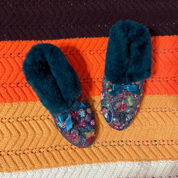 Christmas In the box 80s Sears green fur“Chintz” slipper boots with a nostalgic - Picture 9 of 13